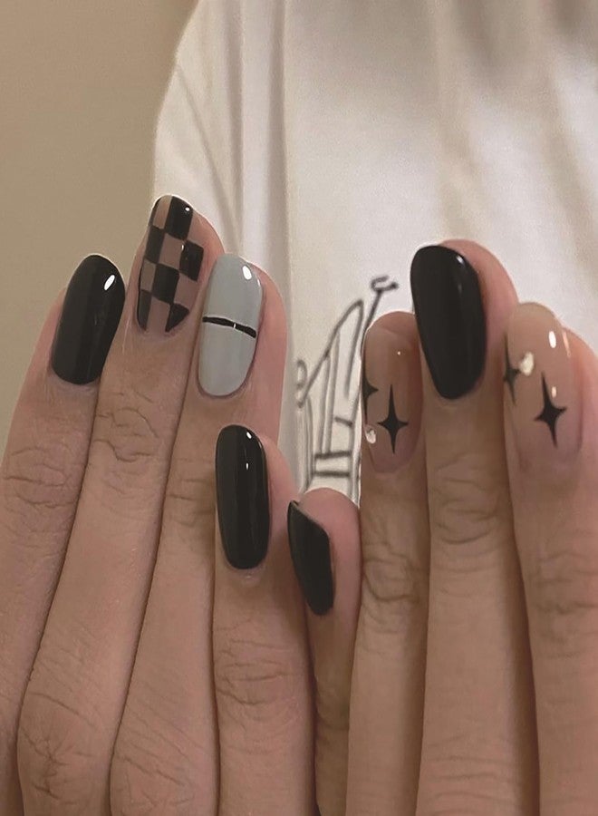 Vezocim Press on Nails Square Short 24Pcs Black Press on Nails Coffin with Plaids Stars Designs Glossy Full Cover Acrylic Short False Nails Glue Fingernails Artificial Fake Nails for Women Girls - Image 1